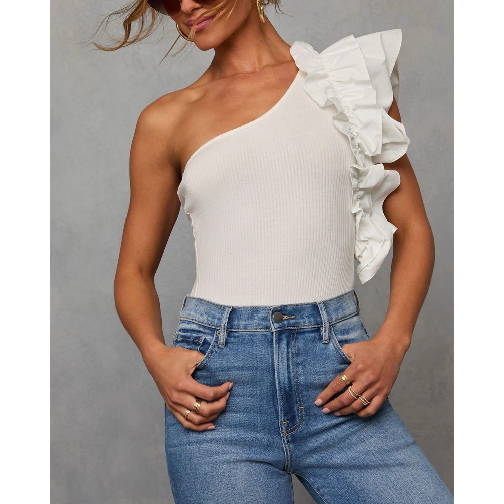 Statement Maker Ribbed One Shoulder Ruffle Bodysu… - image 1